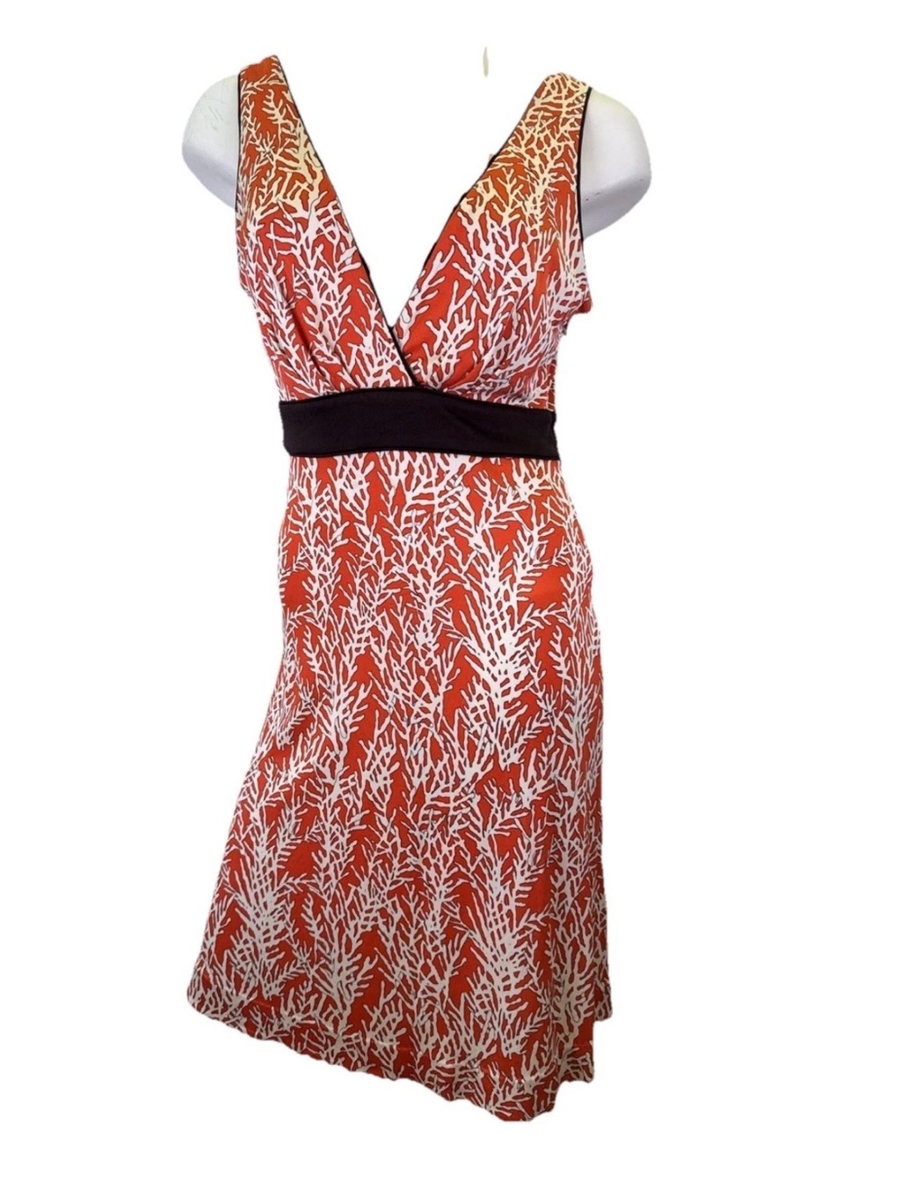 Tory Burch Coral and White V‑Neck Printed Dress with Black Waistband
